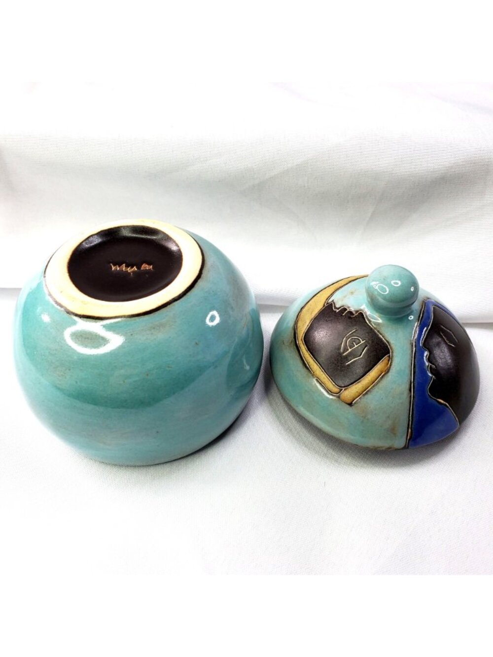 Mara Signed Mex Lidded Sugar Bowl Two Faces Abstract Stoneware Pottery Mexico - Picture 13 of 15